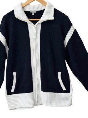 T by Talbots Coolmax Colorblock Full Zip Sweater Jacket Navy White XL Preppy